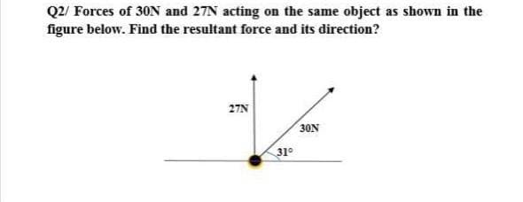 Q2/ Forces of 30N and 27N acting on the same object as shown in the
figure below. Find the resultant force and its direction?
27N
30N
31°