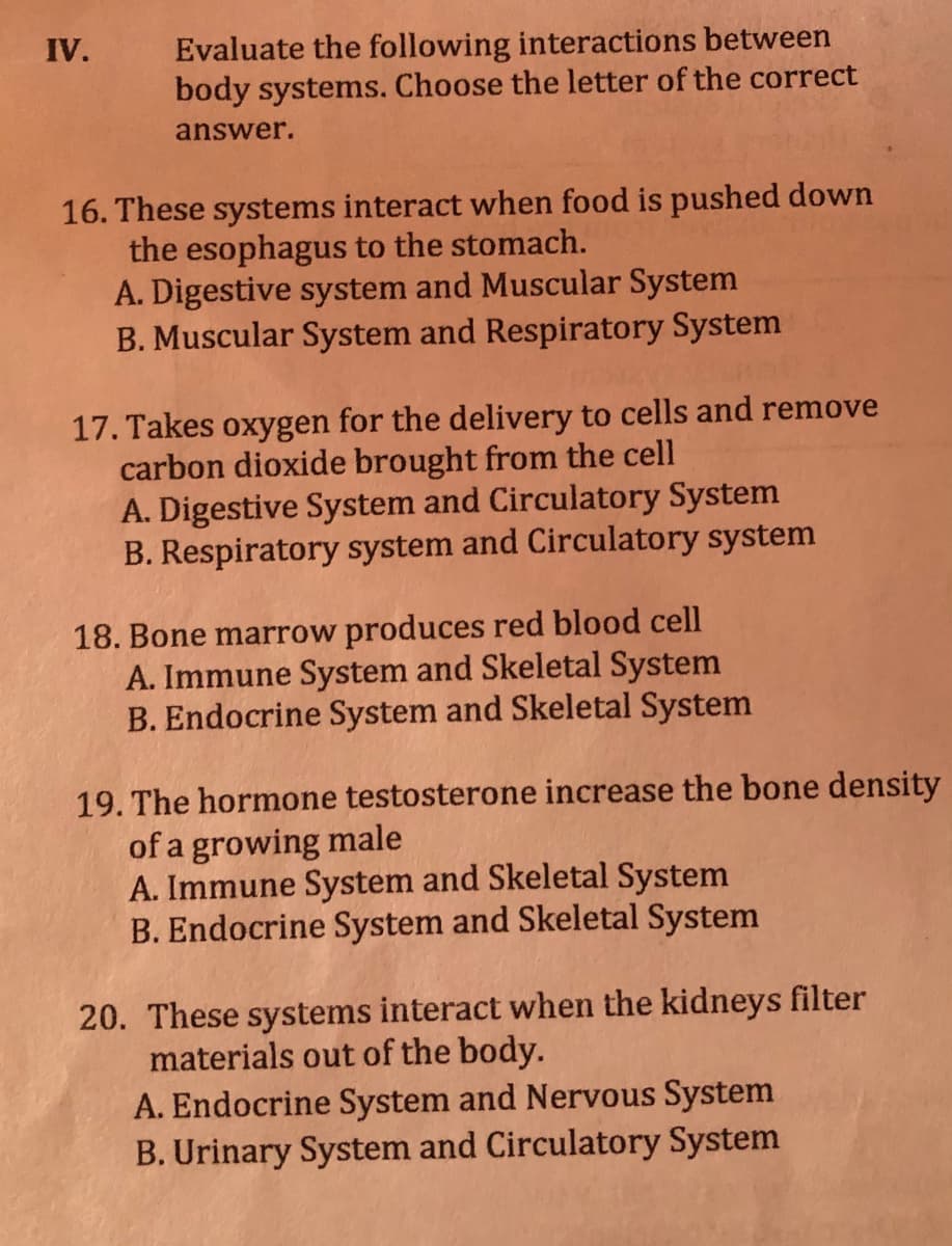 IV.
Evaluate the following interactions between
body systems. Choose the letter of the correct
answer.
16. These systems interact when food is pushed down
the esophagus to the stomach.
A. Digestive system and Muscular System
B. Muscular System and Respiratory System
17. Takes oxygen for the delivery to cells and remove
carbon dioxide brought from the cell
A. Digestive System and Circulatory System
B. Respiratory system and Circulatory system
18. Bone marrow produces red blood cell
A. Immune System and Skeletal System
B. Endocrine System and Skeletal System
19. The hormone testosterone increase the bone density
of a growing male
A. Immune System and Skeletal System
B. Endocrine System and Skeletal System
20. These systems interact when the kidneys filter
materials out of the body.
A. Endocrine System and Nervous System
B. Urinary System and Circulatory System
