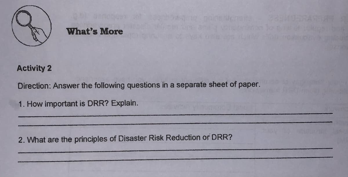 What's More
Activity 2
Direction: Answer the following questions in a separate sheet of paper.
1. How important is DRR? Explain.
2. What are the principles of Disaster Risk Reduction or DRR?
