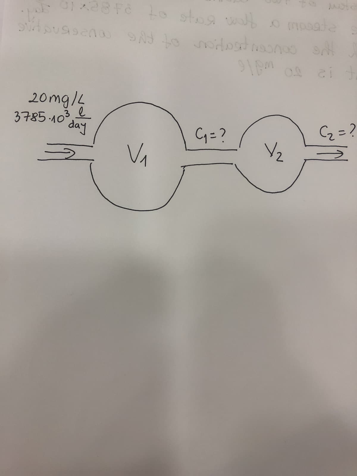 01x2848 to stop walf o mposta
sitoussano SND to soitostmoonoo sill
91pm of ai t
20mg/L
3785-10³
е
day
V₁
C₁ = ?
V/₂
MIG
(=2)