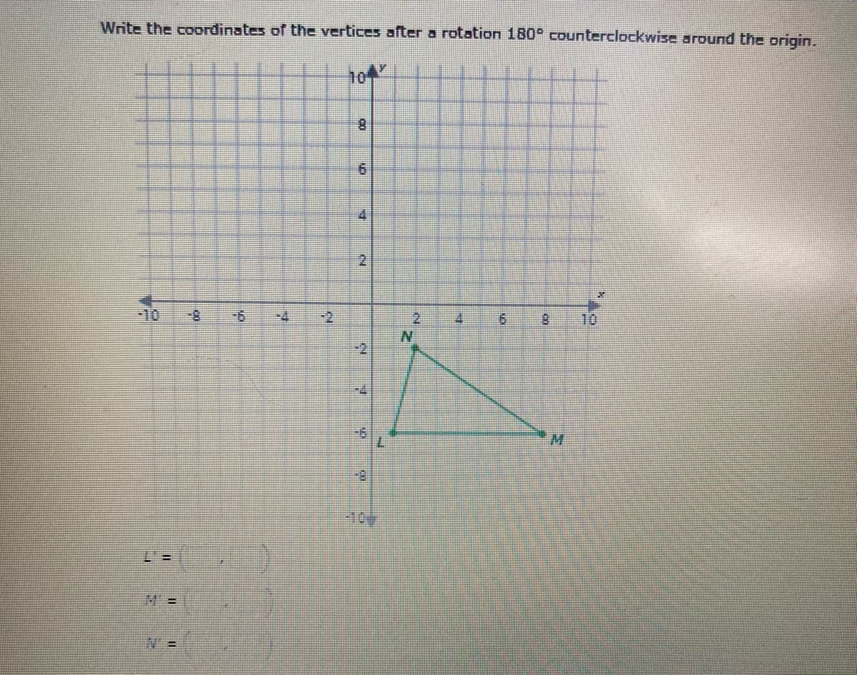 Write the coordinates of the vertices after a rotation 180° counterclockwise around the origin.
104
8.
4
2.
-10
8.
10
N.
-2
8-
