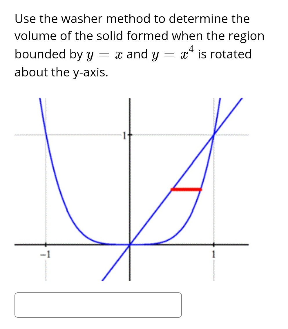 Use the washer method to determine the
volume of the solid formed when the region
4
= x¹ is rotated
bounded by y = x and y =
about the y-axis.