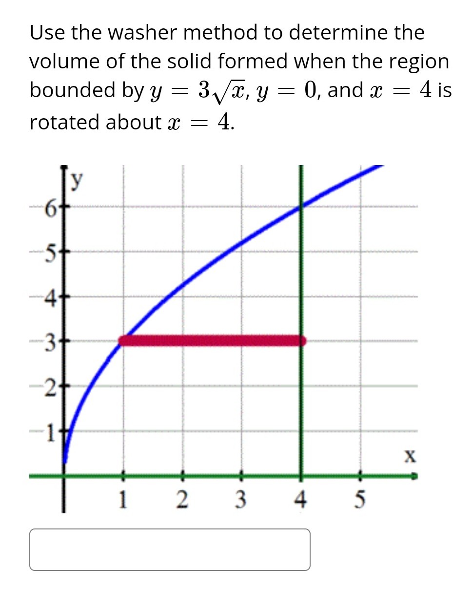 Use the washer method to determine the
volume of the solid formed when the region
bounded by y = 3√√x, y = 0, and x = 4 is
rotated about x = 4.
y
5₁
4+
3₁
1
2 3 4
5
X