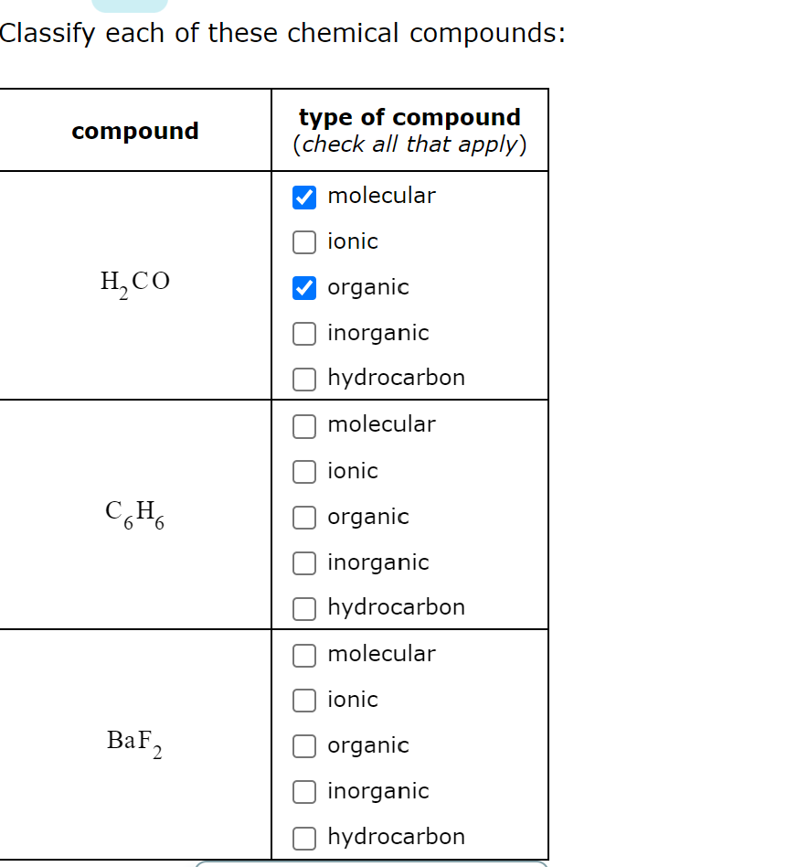 Classify each of these chemical compounds:
type of compound
(check all that apply)
compound
molecular
ionic
H,CO
organic
inorganic
hydrocarbon
molecular
ionic
CH6
organic
inorganic
hydrocarbon
molecular
ionic
BaF,
organic
2
inorganic
hydrocarbon
