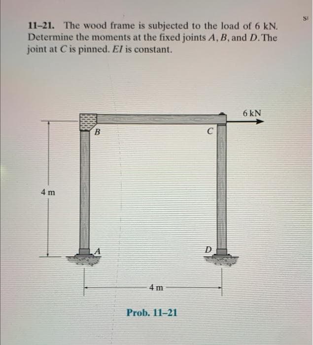 11-21. The wood frame is subjected to the load of 6 kN.
Determine the moments at the fixed joints A, B, and D. The
joint at C is pinned. El is constant.
4 m
B
A
4m
Prob. 11-21
C
D
6 kN
SI
