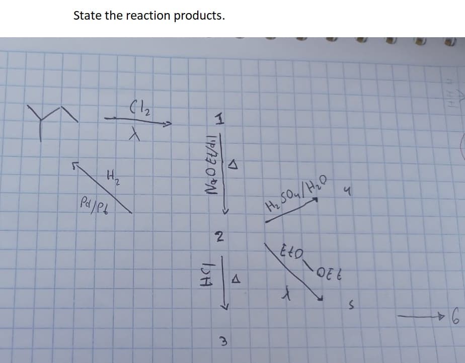 State the reaction products.
La
H₂₂
Pd/Pt
(1₂
x
1P/770°N
2
ISH
A
7
3
A
H₂ 50₂/H₂O
Eto
t
4
OE E
S
A
Hitl
6
