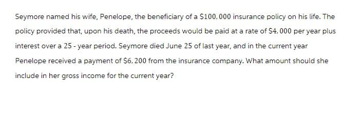 Seymore named his wife, Penelope, the beneficiary of a $100,000 insurance policy on his life. The
policy provided that, upon his death, the proceeds would be paid at a rate of $4,000 per year plus
interest over a 25-year period. Seymore died June 25 of last year, and in the current year
Penelope received a payment of $6,200 from the insurance company. What amount should she
include in her gross income for the current year?