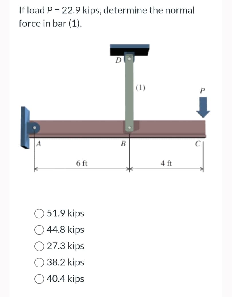 If load P = 22.9 kips, determine the normal
force in bar (1).
D
P
A
6 ft
51.9 kips
44.8 kips
27.3 kips
38.2 kips
O 40.4 kips
B
(1)
4 ft