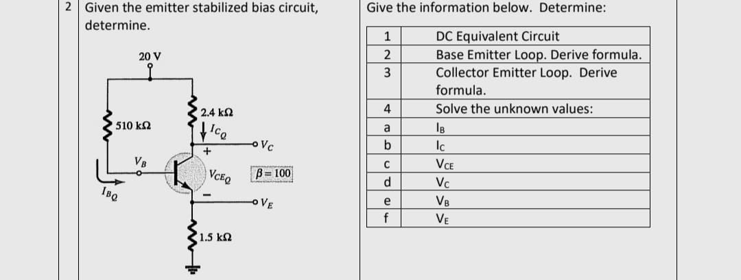 Give the information below. Determine:
2 Given the emitter stabilized bias circuit,
DC Equivalent Circuit
Base Emitter Loop. Derive formula.
Collector Emitter Loop. Derive
determine.
1
2
20 V
formula.
4
Solve the unknown values:
2.4 k2
a
IB
510 k2
IcQ
oVc
b
Ic
VB
VCE
VCEQ
B= 100
Vc
IBQ
VB
e
OVE
f
VE
1.5 k2
