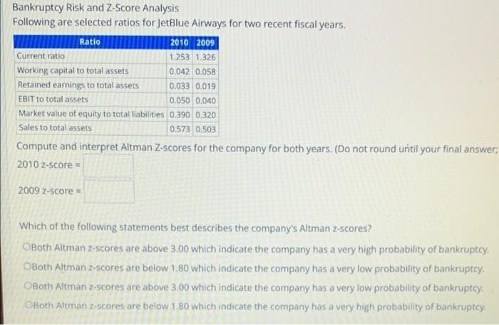 Bankruptcy Risk and Z-Score Analysis
Following are selected ratios for JetBlue Airways for two recent fiscal years.
Ratio
2010 2009
Current ratio
1.253 1.326
Working capital to total assets
Retained earnings to total assets
0.042 0.058
0.033 0.019
0.050 0.040
Market value of equity to total liabilities 0.390 0.320
0.573 0.503
EBIT to total assets
Sales to total assets
Compute and interpret Altman Z-scores for the company for both years. (Do not round uitil your final answer;
2010 z-score =
2009 z-score =
Which of the following statements best describes the company's Altman z-scores?
OBoth Altman z-scores are above 3.00 which indicate the company has a very high probability of bankruptcy.
OBoth Altman z-scores are below 1.80 which indicate the company has a very low probability of bankruptcy.
OBoth Altman Z-Scores are above 3.00 which indicate the company has a very low probability of bankruptcy.
OBoth Altman 2-Scores are below 1.80 which indicate the company has a very high probability of bankruptcy.
