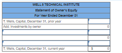 WELL8 TECHNICAL INSTITUTE
atatement of Owner's Equity
For Year Ended December 31
T. Walls, Capital, December 31, prior yaar
Add: Investments by owner
T. Wels, Capital, December 31, currant yaar
