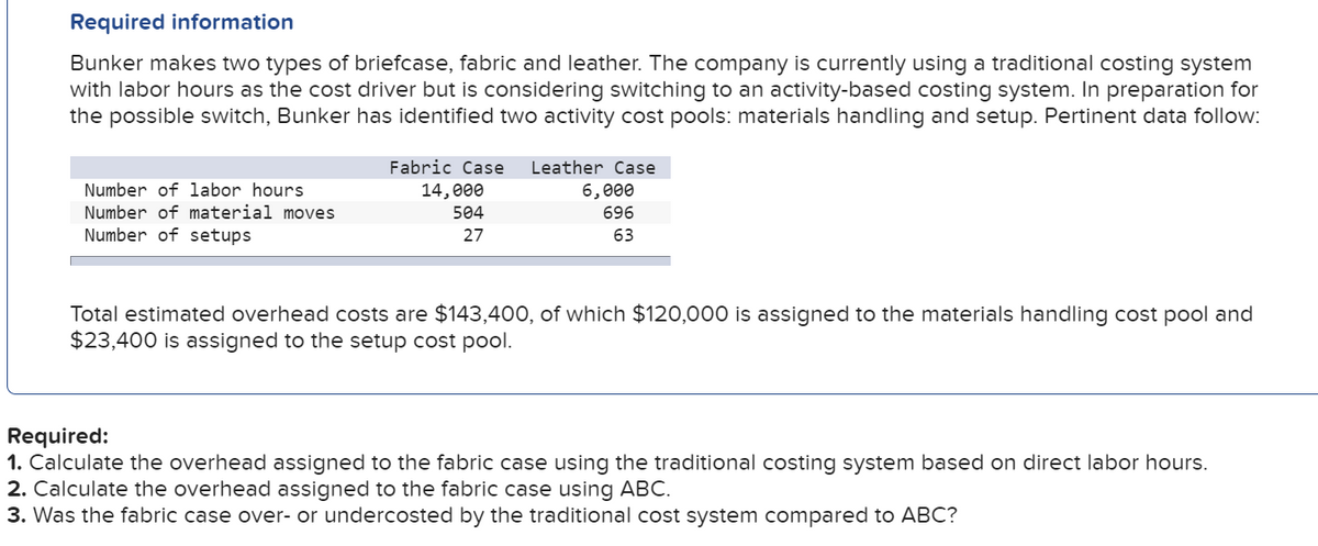 Required information
Bunker makes two types of briefcase, fabric and leather. The company is currently using a traditional costing system
with labor hours as the cost driver but is considering switching to an activity-based costing system. In preparation for
the possible switch, Bunker has identified two activity cost pools: materials handling and setup. Pertinent data follow:
Fabric Case
Leather Case
Number of labor hours
14,000
6,000
Number of material moves
Number of setups
504
696
27
63
Total estimated overhead costs are $143,400, of which $120,000 is assigned to the materials handling cost pool and
$23,400 is assigned to the setup cost pol.
Required:
1. Calculate the overhead assigned to the fabric case using the traditional costing system based on direct labor hours.
2. Calculate the overhead assigned to the fabric case using ABC.
3. Was the fabric case over- or undercosted by the traditional cost system compared to ABC?
