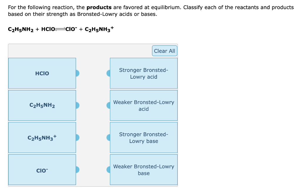 For the following reaction, the products are favored at equilibrium. Classify each of the reactants and products
based on their strength as Bronsted-Lowry acids or bases.
C₂H5NH₂ + HCIO CIO + C₂H5NH3+
HCIO
C₂H5NH2
C₂H5NH3
CIO
+
Clear All
Stronger Bronsted-
Lowry acid
Weaker Bronsted-Lowry
acid
Stronger Bronsted-
Lowry base
Weaker Bronsted-Lowry
base