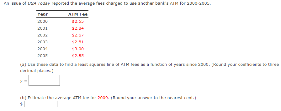 An issue of USA Today reported the average fees charged to use another bank's ATM for 2000-2005.
Year
ATM Fee
2000
$2.55
2001
$2.84
2002
$2.67
2003
$2.81
2004
$3.00
2005
$2.85
(a) Use these data to find a least squares line of ATM fees as a function of years since 2000. (Round your coefficients to three
decimal places.)
y =
(b) Estimate the average ATM fee for 2009. (Round your answer to the nearest cent.)
