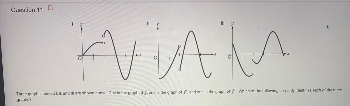 Question 11 W
y
|| y
II
y
X-
X-
1
1
1
Three graphs labeled I, II, and IIlI are shown above. One is the graph of f, one is the graph of f', and one is the graph of f". Which of the following correctly identifies each of the three
graphs?
