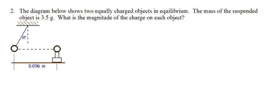 2. The diagram below shows two equally charged objects in equilibrium. The mass of the suspended
object is 3.5 g. What is the magnitude of the charge on each object?
0.096 m
