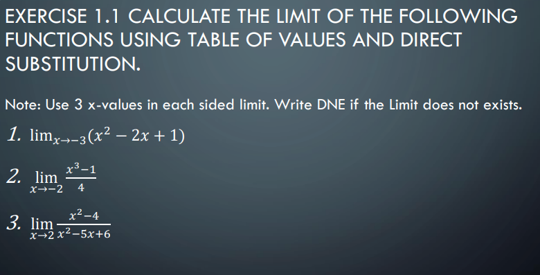 EXERCISE 1.1 CALCULATE THE LIMIT OF THE FOLLOWING
FUNCTIONS USING TABLE OF VALUES AND DIRECT
SUBSTITUTION.
Note: Use 3 x-values in each sided limit. Write DNE if the Limit does not exists.
1. limx--3(x² – 2x + 1)
x3
2. lim
x→-2 4
x2 -4
3. lim-
x→2 x2-5x+6
