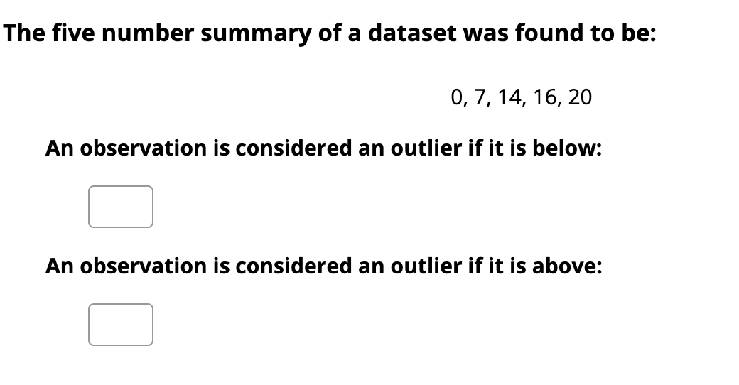 The five number summary of a dataset was found to be:
0, 7, 14, 16, 20
An observation is considered an outlier if it is below:
An observation is considered an outlier if it is above: