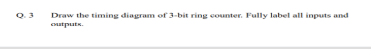 Q. 3
Draw the timing diagram of 3-bit ring counter. Fully label all inputs and
outputs.
