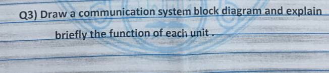 Q3) Draw a communication system block diagram and explain
briefly the function of each unit.
