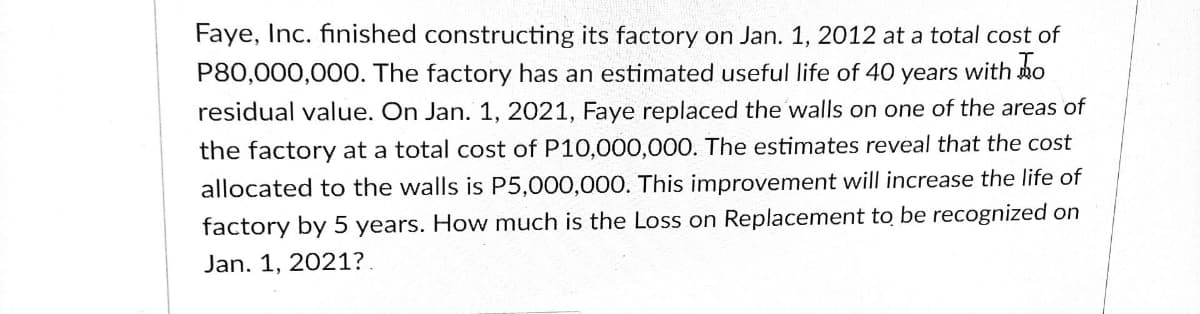 Faye, Inc. finished constructing its factory on Jan. 1, 2012 at a total cost of
P80,000,000. The factory has an estimated useful life of 40 years with ho
residual value. On Jan. 1, 2021, Faye replaced the walls on one of the areas of
the factory at a total cost of P10,000,000. The estimates reveal that the cost
allocated to the walls is P5,000,000. This improvement will increase the life of
factory by 5 years. How much is the Loss on Replacement to be recognized on
Jan. 1, 2021?.
