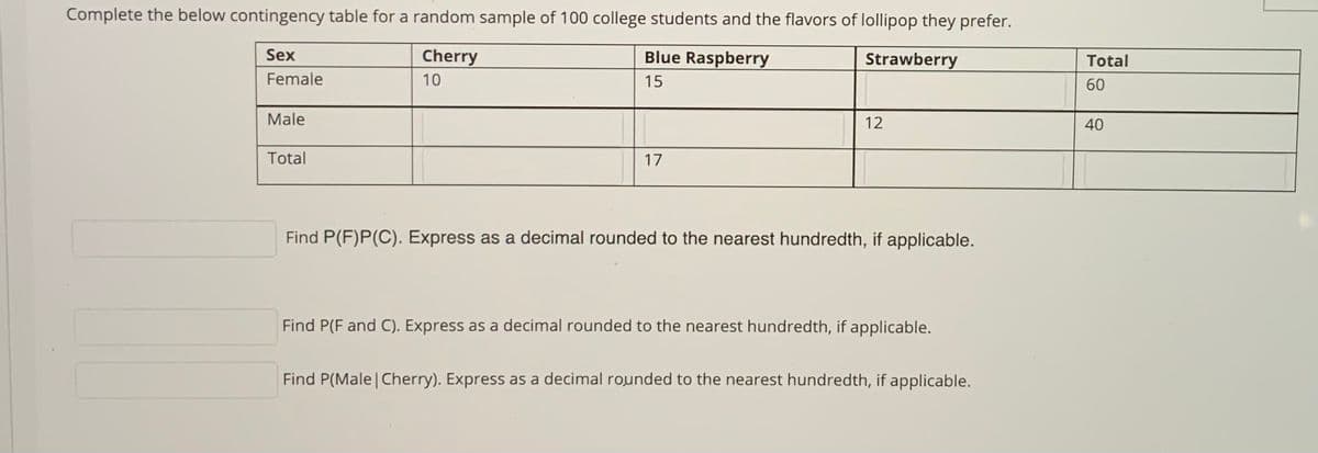 Complete the below contingency table for a random sample of 100 college students and the flavors of lollipop they prefer.
Sex
Cherry
Blue Raspberry
Strawberry
Total
Female
10
15
60
Male
12
40
Total
17
Find P(F)P(C). Express as a decimal rounded to the nearest hundredth, if applicable.
Find P(F and C). Express as a decimal rounded to the nearest hundredth, if applicable.
Find P(Male | Cherry). Express as a decimal rounded to the nearest hundredth, if applicable.
