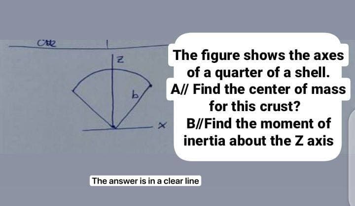 N
b
The figure shows the axes
of a quarter of a shell.
A// Find the center of mass
for this crust?
B//Find the moment of
inertia about the Z axis
The answer is in a clear line