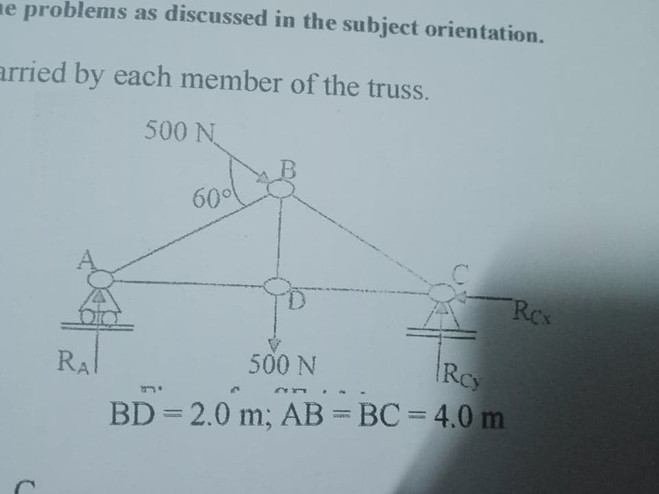 ne problems as discussed in the subject orientation.
arried by each member of the truss.
500 N
60o
Rcx
RAl
500 N
Rcy
BD = 2.0 m; AB = BC = 4.0 m
