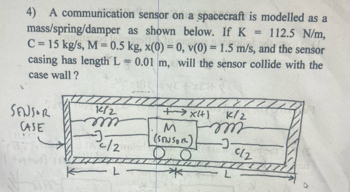4) A communication
mass/spring/damper
sensor on a spacecraft is modelled as a
as shown below. If K = 112.5 N/m,
C = 15 kg/s, M = 0.5 kg, x(0) = 0, v(0) = 1.5 m/s, and the sensor
casing has length L = 0.01 m, will the sensor collide with the
case wall?
SENSOR
CASE
14/2
m
</2 vole
KL
+xl+) K/2
mm
M
(SENSOR)
AWA
*
012