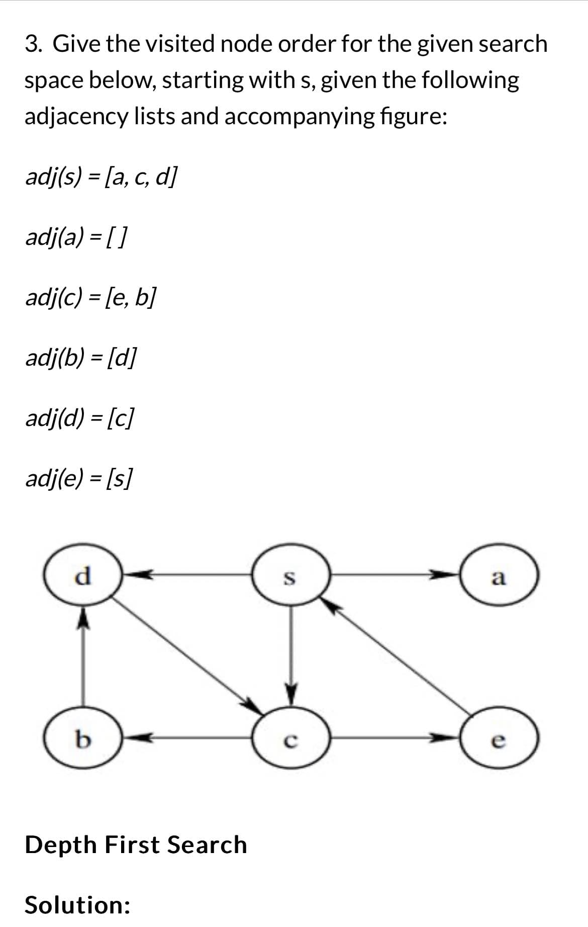 3. Give the visited node order for the given search
space below, starting with s, given the following
adjacency lists and accompanying figure:
adj(s) = [a, c, d]
adj(a) = []
adj(c) = [e, b]
adj(b) = [d]
adj(d) = [c]
adj(e) = [s]
b
Depth First Search
Solution:
S
с
a