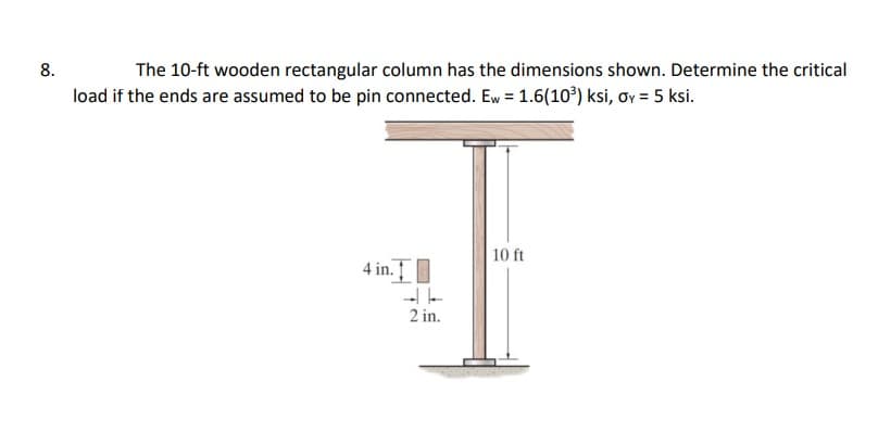 8.
The 10-ft wooden rectangular column has the dimensions shown. Determine the critical
load if the ends are assumed to be pin connected. Ew = 1.6(10°) ksi, oy = 5 ksi.
10 ft
4 in.
2 in.
