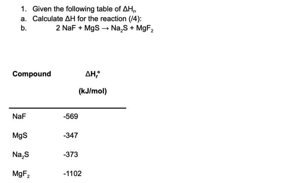 1. Given the following table of AH,
a. Calculate AH for the reaction (14):
2 NaF + MgS → Na,S + MgF,
b.
Compound
AH,
(kJ/mol)
NaF
-569
MgS
-347
Na,s
-373
MGF2
-1102
