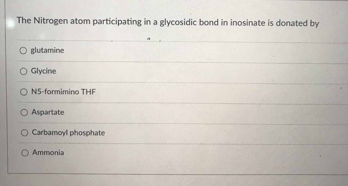 The Nitrogen atom participating in a glycosidic bond in inosinate is donated by
glutamine
Glycine
N5-formimino THF
Aspartate
O Carbamoyl phosphate
Ammonia
