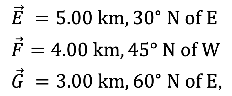 Ē = 5.00 km, 30° N of E
F = 4.00 km, 45° N of W
G = 3.00 km, 60° N of E,