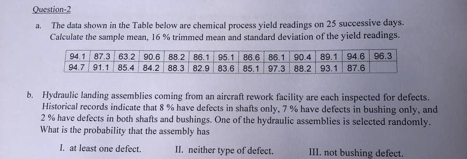 Question-2
a.
The data shown in the Table below are chemical process yield readings on 25 successive days.
Calculate the sample mean, 16 % trimmed mean and standard deviation of the yield readings.
94.1 87.3 63.2 90.6 88.2 86.1 95.1 86.6 86.1 90.4 89.1 94.6 96.3
94.7 91.1 85.4 84.2 88.3 82.9 83.6 85.1 97.3 88.2 93.1 87.6
b. Hydraulic landing assemblies coming from an aircraft rework facility are each inspected for defects.
Historical records indicate that 8 % have defects in shafts only, 7 % have defects in bushing only, and
2% have defects in both shafts and bushings. One of the hydraulic assemblies is selected randomly.
What is the probability that the assembly has
I. at least one defect.
II. neither type of defect.
III. not bushing defect.