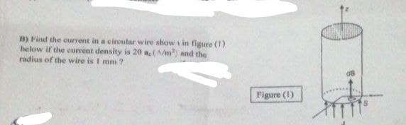 B) Find the current in a circutar wire show i in figure (1)
below if the current density is 20 a (A/m) and the
radius of the wire is I mm ?
Figure (1)
