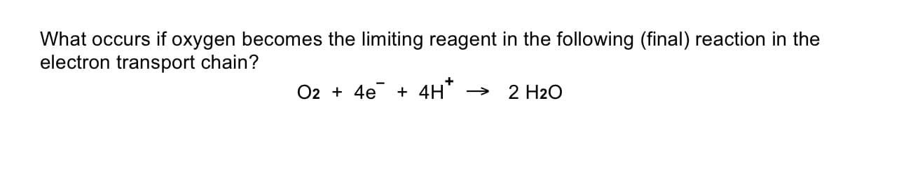 What occurs if oxygen becomes the limiting reagent in the following (final) reaction in the
electron transport chain?
O2 + 4e + 4H*
2 H20
