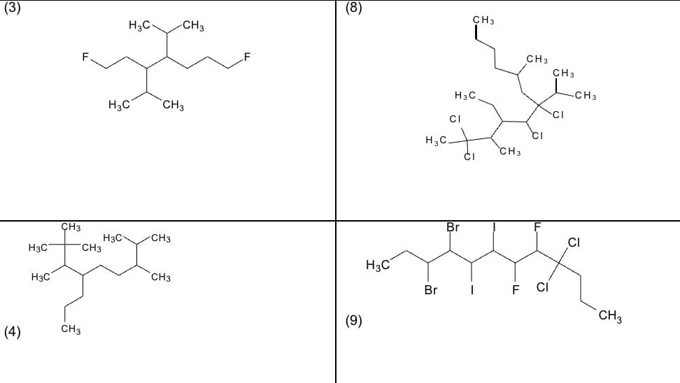 (3)
(8)
CH3
H3C-
-CH3
CH3
CH3
H3C.
-CH3
H3C
`CH3
CI
CI
CH3
ÇH3
Br
H3C
CH3
CH3
H3C
H3C
H3C
CH3
Br
F
CI
(9)
CH3
(4)
CH3

