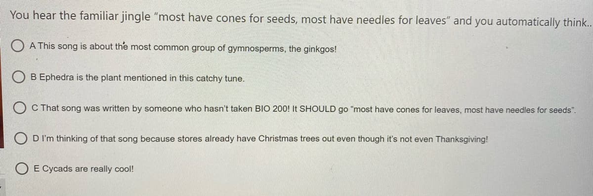 You hear the familiar jingle "most have cones for seeds, most have needles for leaves" and you automatically think..
O A This song is about the most common group of gymnosperms, the ginkgos!
B Ephedra is the plant mentioned in this catchy tune.
C That song was written by someone who hasn't taken BIO 200! It SHOULD go "most have cones for leaves, most have needles for seeds".
D I'm thinking of that song because stores already have Christmas trees out even though it's not even Thanksgiving!
E Cycads are really cool!
