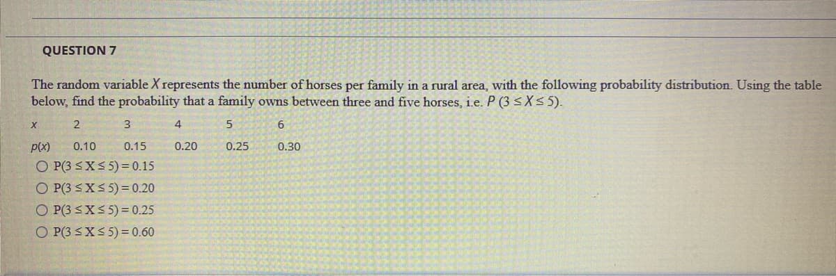 QUESTION 7
The random variable X represents the number of horses per family in a rural area, with the following probability distribution. Using the table
below, find the probability that a family owns between three and five horses, i.e. P (3 <X< 5).
4
p(x)
0.10
0.15
0.20
0.25
0.30
O P(3 SXS 5) = 0.15
O P(3 <XS 5) = 0.20
O P(3 SXS 5) = 0.25
O P(3 <XS 5) = 0.60
