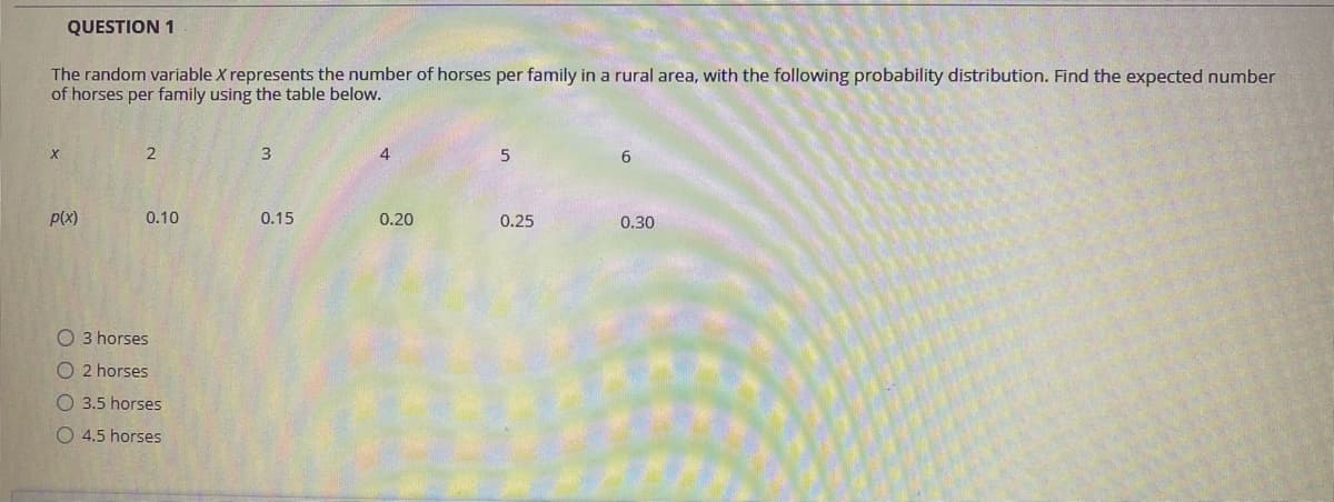 QUESTION 1
The random variable X represents the number of horses per family in a rural area, with the following probability distribution. Find the expected number
of horses per family using the table below.
2
6.
P(x)
0.10
0.15
0.20
0.25
0.30
O 3 horses
O 2 horses
O 3.5 horses
O 4.5 horses
