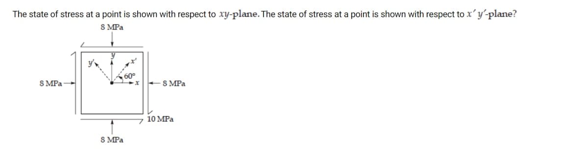 The state of stress at a point is shown with respect to xy-plane. The state of stress at a point is shown with respect to x'y'-plane?
8 MPa
y'v
60°
S MPa
+S MPa
10 MPa
8 MPa

