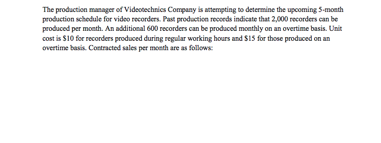 The production manager of Videotechnics Company is attempting to determine the upcoming 5-month
production schedule for video recorders. Past production records indicate that 2,000 recorders can be
produced per month. An additional 600 recorders can be produced monthly on an overtime basis. Unit
cost is $10 for recorders produced during regular working hours and $15 for those produced on an
overtime basis. Contracted sales per month are as follows:
