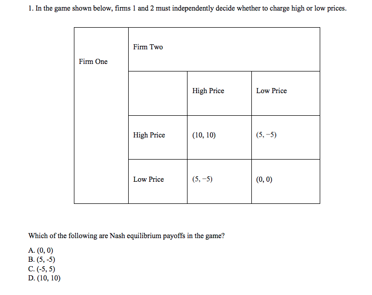 1. In the game shown below, firms 1 and 2 must independently decide whether to charge high or low prices.
Firm Two
Firm One
High Price
Low Price
High Price
(10, 10)
(5, -5)
Low Price
(5, -5)
(0, 0)
Which of the following are Nash equilibrium payoffs in the game?
А. (0, 0)
В.(5, -5)
С.(-5, 5)
D. (10, 10)
