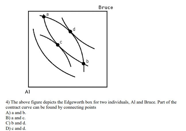 Bruce
a
d
Al
4) The above figure depicts the Edgeworth box for two individuals, Al and Bruce. Part of the
contract curve can be found by connecting points
A) a and b.
B) a and c.
C) b and d.
D) c and d.
