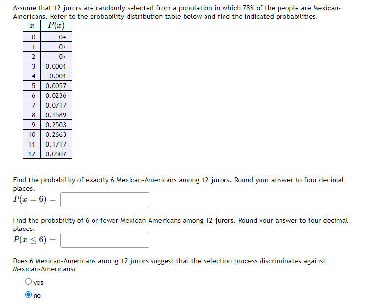 Assume that 12 jurors are randomly selected from a population in which 78% of the people are Mexican-
Americans. Refer to the probability distribution table below and find the indicated probabilities.
P(x)
0+
1
0+
0+
3
0.0001
0.001
5
0.0057
6.
0.0236
7
0.0717
8
0.1589
0.2503
10
0.2663
11
0.1717
12
0.0507
Find the probability of exactly 6 Mexican-Americans among 12 jurors. Round your answer to four decimal
places.
P(x = 6)
Find the probability of 6 or fewer Mexican-Americans among 12 jurors. Round your answer to four decimal
places.
P(x < 6)
Does 6 Mexican-Americans among 12 jurors suggest that the selection process discriminates against
Mexican-Americans?
O yes
no
