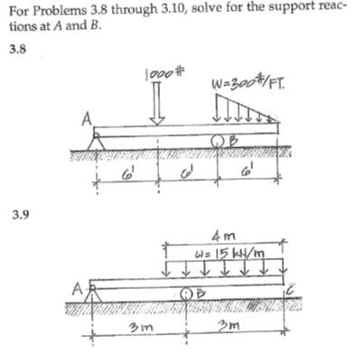 For Problems 3.8 through 3.10, solve for the support reac-
tions at A and B.
3.8
Wa200#/FT.
A.
3.9
4 m
W= 15 kH/m
↑ ↑ ↑ ↑
3 m
3m
