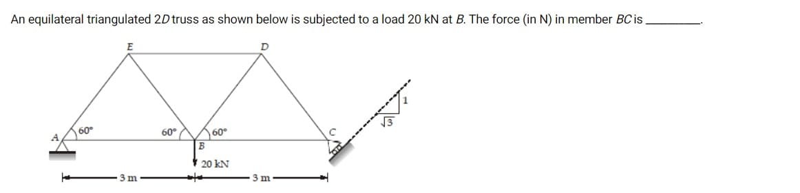 An equilateral triangulated 2D truss as shown below is subjected to a load 20 kN at B. The force (in N) in member BCis
60
60°
60°
B
20 kN
3 m
sto
3 m
