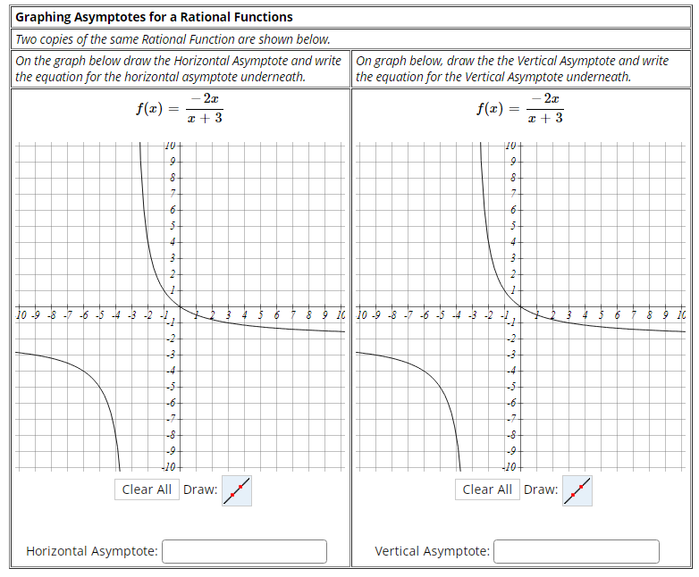 Graphing Asymptotes for a Rational Functions
Two copies of the same Rational Function are shown below.
On the graph below draw the Horizontal Asymptote and write On graph below, draw the the Vertical Asymptote and write
the equation for the horizontal asymptote underneath.
the equation for the Vertical Asymptote underneath.
- 2x
2x
f(x) =
f(x) =
%3D
I + 3
I + 3
7-
7.
6-
4-
4
10 -9 -8 -7 -6
43 -2 -
8 9 ic| 1o -9 -8 -7 -6 -5 -4 -3 -2 -1,
4 $ 6
8 9 10
-2
-2
-4
-4
-6-
-6
-7
-7
-8
-9
10
10
Clear All Draw:
Clear All Draw:
Horizontal Asymptote:
Vertical Asymptote:
