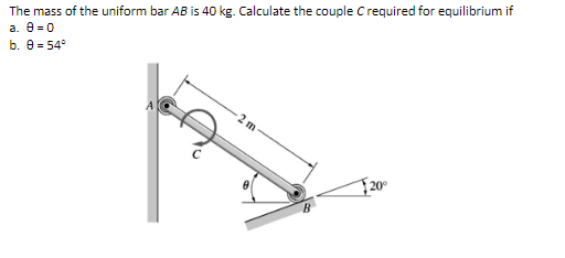 The mass of the uniform bar AB is 40 kg. Calculate the couple Crequired for equilibrium if
a. e =0
b. 0 = 54°
20°
